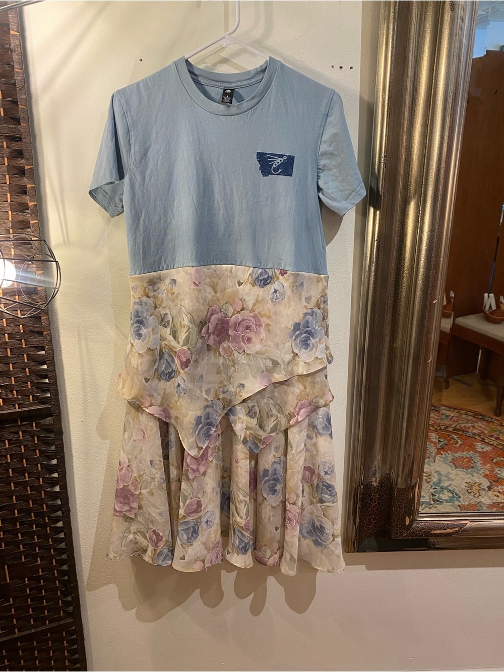 OOAK Upcycled Blue & Floral Tiered Dress - Soft Cotton Top with Floral Skirt